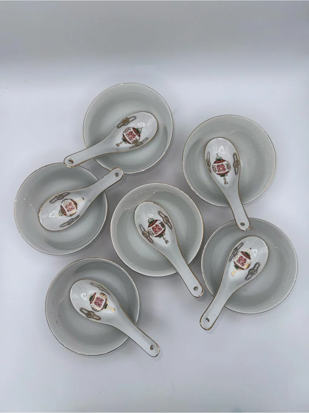 1960s Vintage Chinese Porcelain Bowl & Spoon-Set of 6